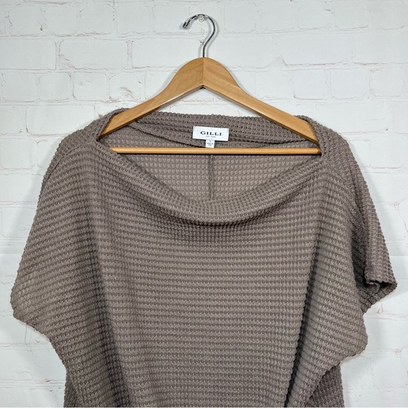 Gilli Waffle Knit Top Womens Size Large Brown Tie Front Short Sleeve Boat Neck - Picture 2 of 11